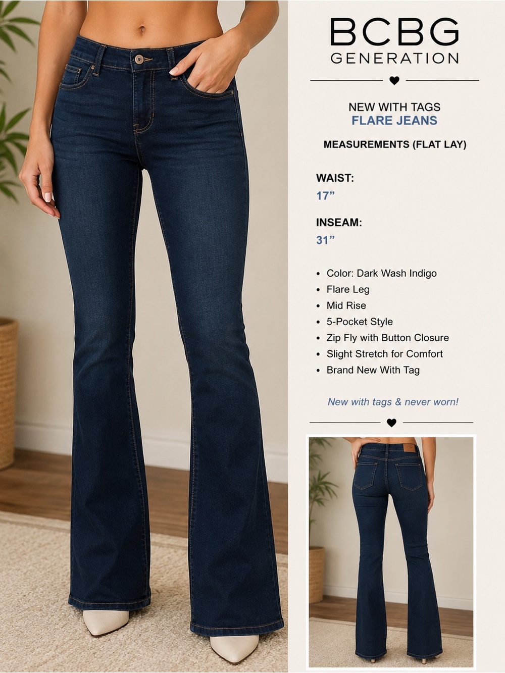 BCBGeneration Dark Wash Indigo Flare Jeans - Mid Rise Flared Leg
